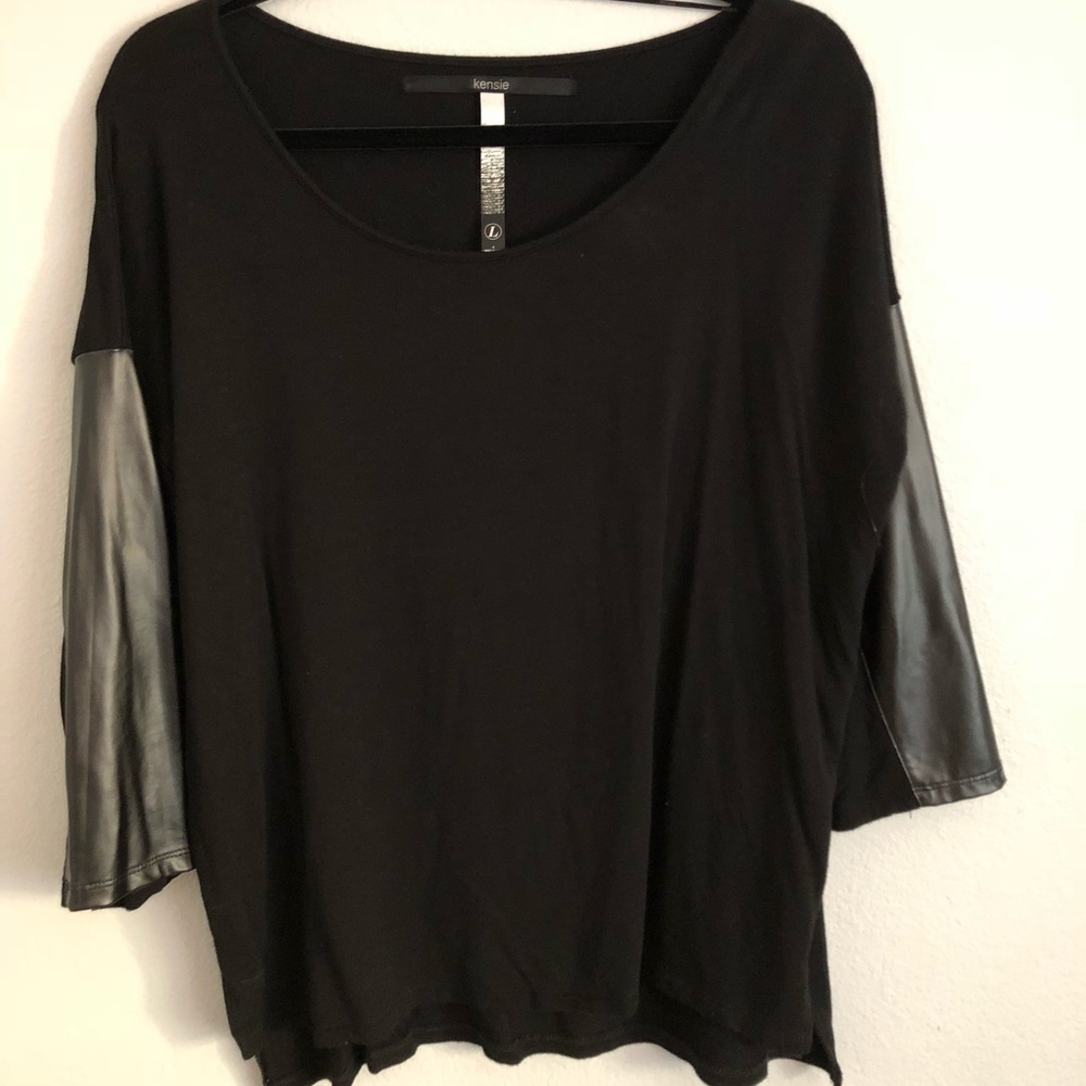Women’s Kensie Black Top Faux Leather 3/4 Sleeve